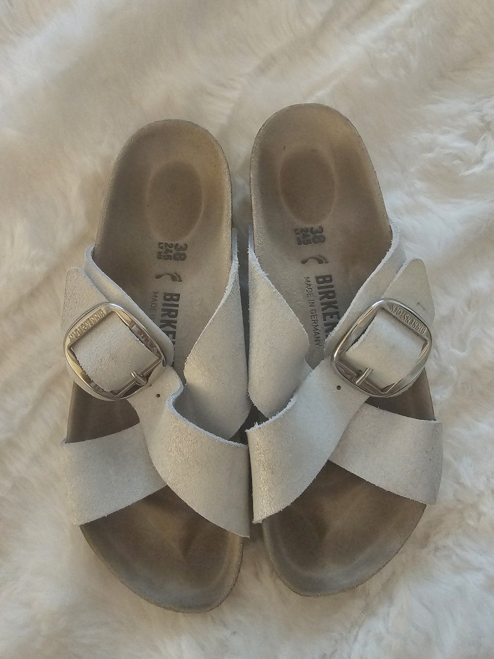 Birkenstock Women’s Suede Cross-Strap Slide Sandals in Off-White
